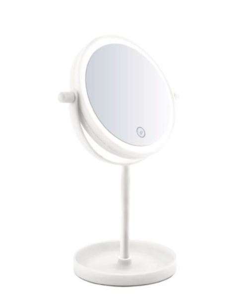 Portable, angle adjustable LED cosmetic mirror with base tray - White
