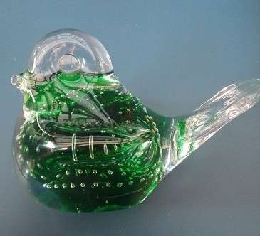 Beautiful Glass Bird paperweight with green bubbled centre