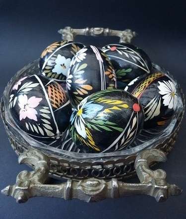 6 Wooden hand Painted Easter eggs in Stunning Cut Glass Bowl in Metal Stand - have a look
