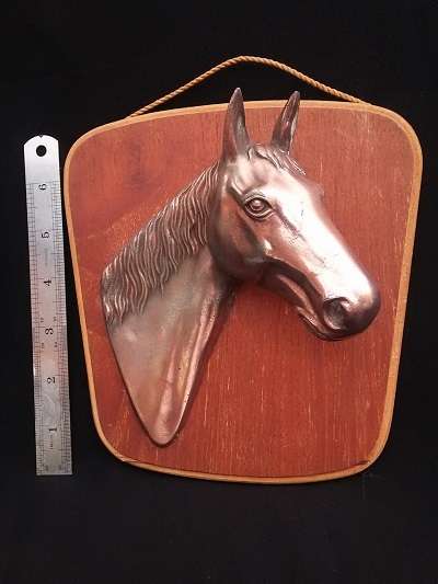 Lovely 3D Copper (plated?) horse head on wooden back