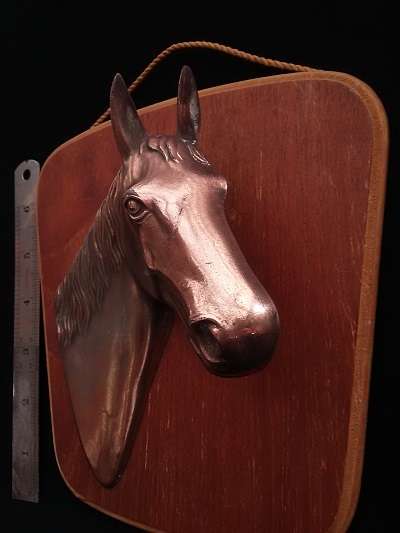 Lovely 3D Copper (plated?) horse head on wooden back