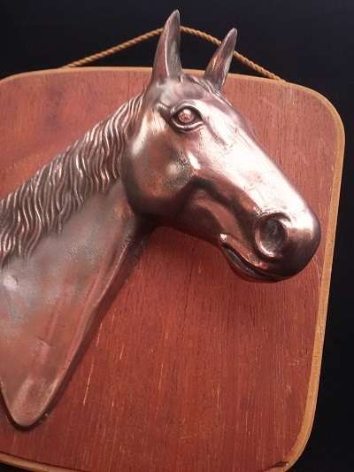 Lovely 3D Copper (plated?) horse head on wooden back