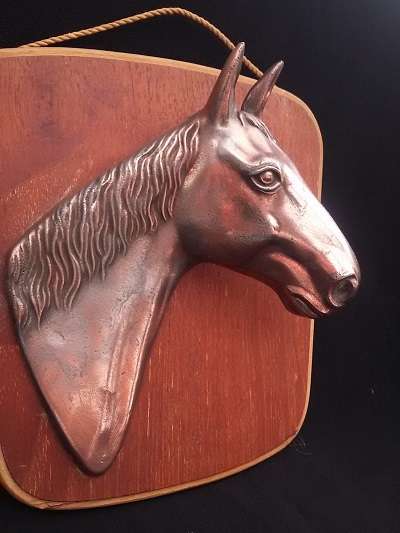 Lovely 3D Copper (plated?) horse head on wooden back