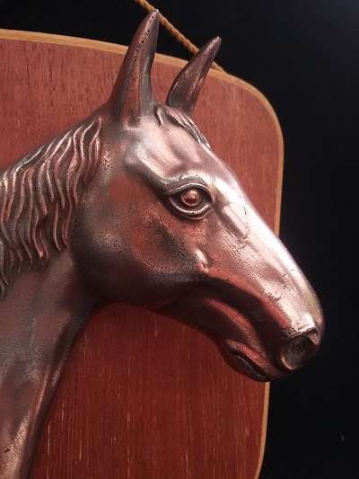 Lovely 3D Copper (plated?) horse head on wooden back