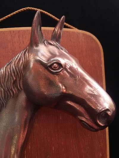 Lovely 3D Copper (plated?) horse head on wooden back