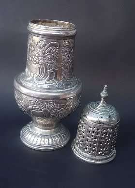 Amazing antique plated sugar shaker in great age related condition with exquisite detail