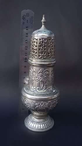 Amazing antique plated sugar shaker in great age related condition with exquisite detail