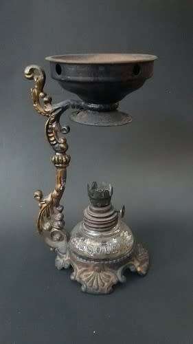 Small cast iron oil burner with glass bottle - no cracks