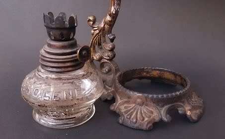 Small cast iron oil burner with glass bottle - no cracks
