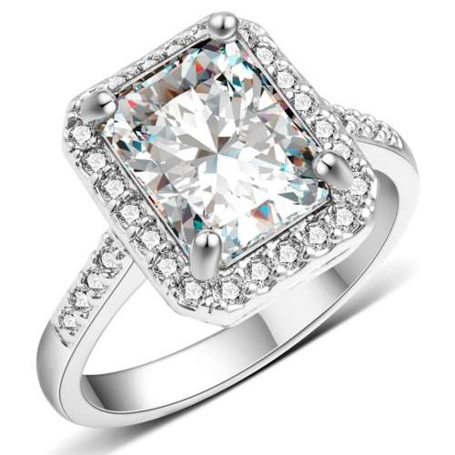 Incredible 3.79 Carat (TW) Princess Cut Cr. Diamond Halo Engagement Ring. Size 7/O