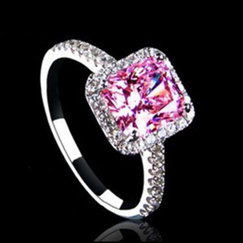 Fancy 2 Carat Cushion cut Pink Cr. Diamond 925 Silver delicate band Halo Ring. Size 7/O