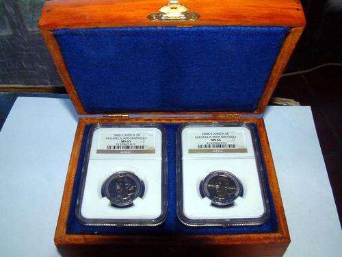 *2X MANDELA 90th Birthday R5 Coins in Wooden Box-NGC65 and NGC66!!!