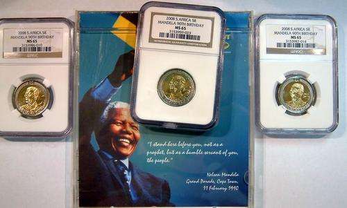 3x Mandela R5 MS65 Coins plus a emty CD.