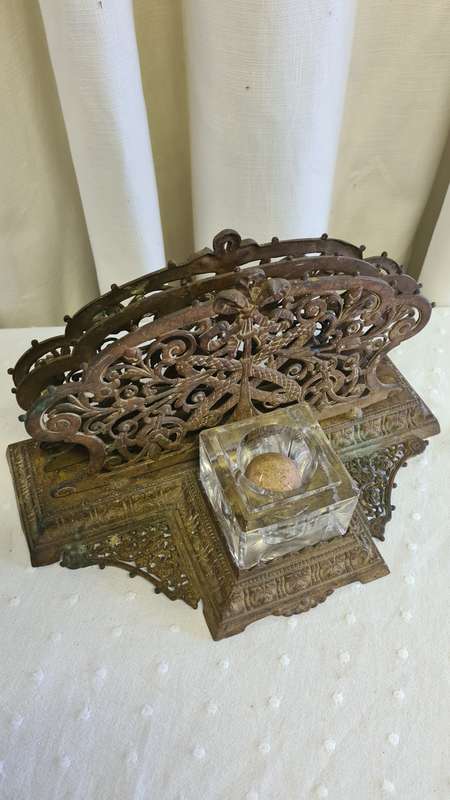 Antique Brass Inkwell and Letter Rack