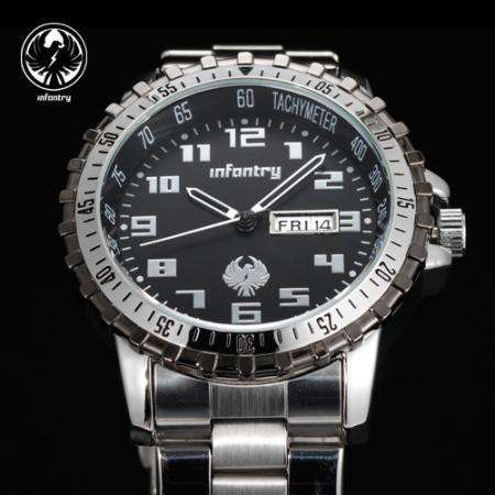 INFANTRY Date Day Black Military Stainless Steel Wrist Watch