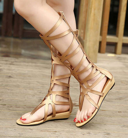 SHOES - CUT-OUT GLADIATOR KNEE-HIGH SANDALS - GOLDEN BRONZE (Free Shipping)