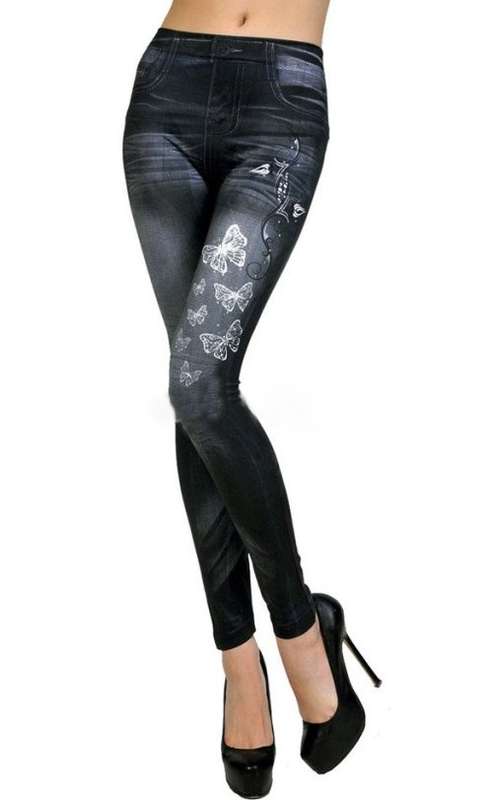 WOMEN'S DENIM-LOOK BUTTERFLY PRINT FAUX JEAN LEGGINGS - Black