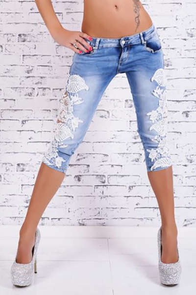 Jeans - Lace-Trim Patchwork Hollow-Out Bermuda Shorts