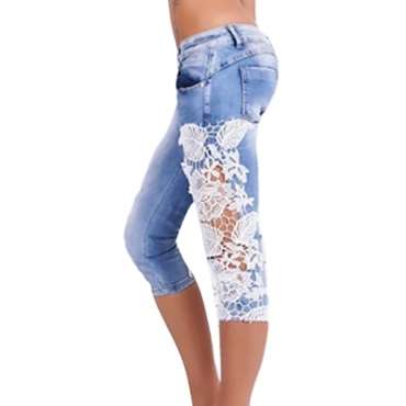 Jeans - Lace-Trim Patchwork Hollow-Out Bermuda Shorts