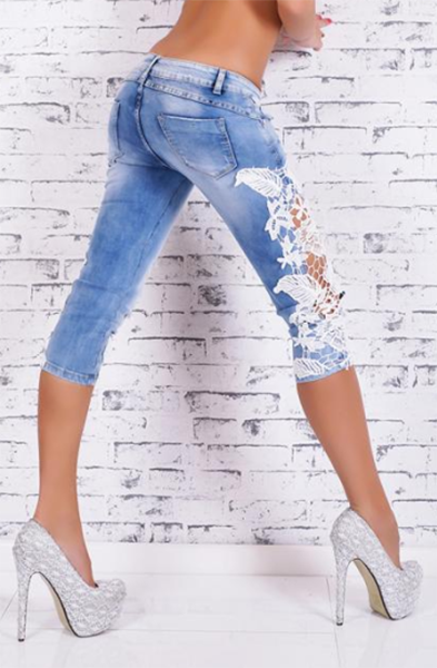 Jeans - Lace-Trim Patchwork Hollow-Out Bermuda Shorts