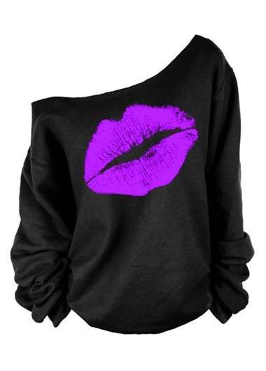 DROP SHOULDER/SKEW NECK LONG SLEEVE LIP-PRINT SWEATSHIRT