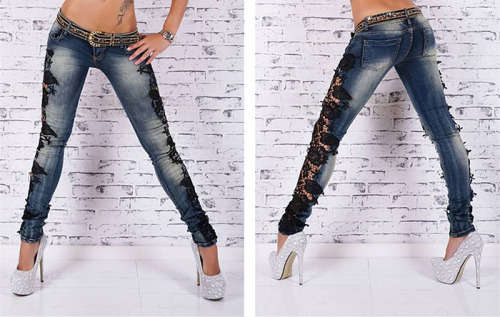 Women's Black Lace Stitching Jeans