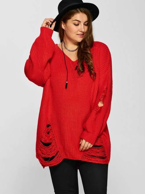 Women's Distressed Sweater - Plus Size