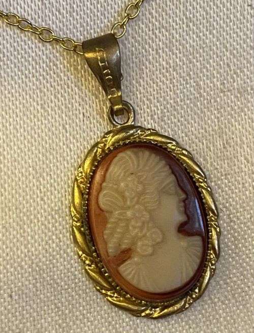 Vintage Oval Cameo Pendant On Gold Tone Necklace Chain