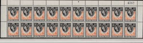 RHODESIA:  TOP MARGIN BLK OF 20, WITH PLATE NO., GOOD VAL