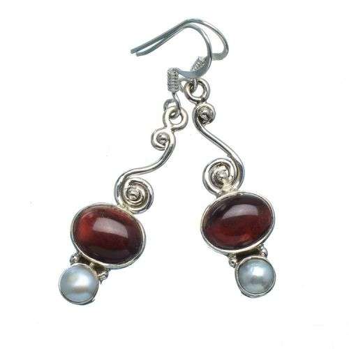 Sterling silver earrings - RED TIGER EYE and FRESHWATER PEARL