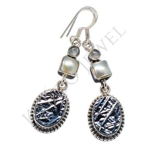 Sterling silver earrings - GALENA, FRESHWATER PEARL and RAINBOW MOONSTONE