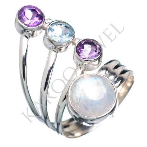 Sterling silver ring - RAINBOW MOONSTONE, AMETHYST and BLUE TOPAZ (size 6.5 / N)