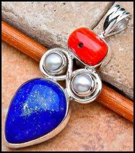 Sterling silver pendant - LAPIS LAZULI, FRESHWATER PEARL and CORAL