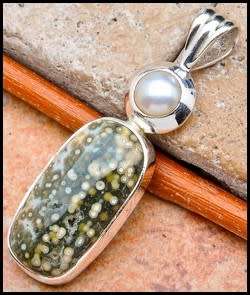Sterling silver pendant - OCEAN JASPER and FRESHWATER PEARL