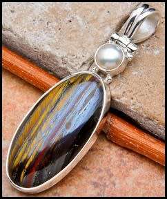 Sterling silver pendant - TIGER IRON and FRESHWATER PEARL