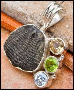 Sterling silver pendant - TRILOBITE (fossil), CITRINE, PERIDOT and QUARTZ