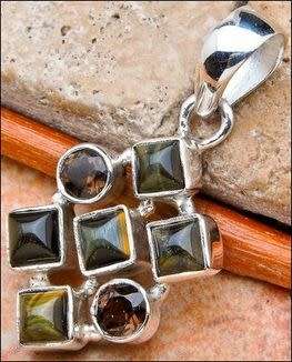Sterling silver pendant - TIGER EYE and SMOKY QUARTZ