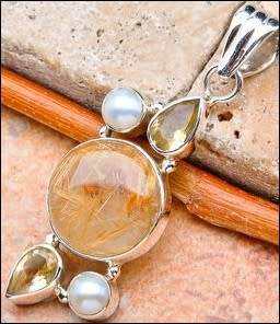 Sterling silver pendant - RUTILATED QUARTZ, FRESHWATER PEARL and CITRINE