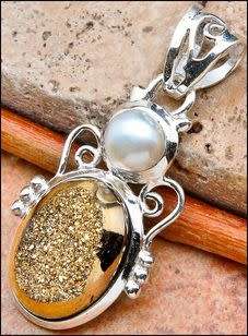 Sterling silver pendant - GOLDEN DRUZY and FRESHWATER PEARL