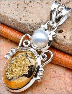 Sterling silver pendant - GOLDEN DRUZY and FRESHWATER PEARL