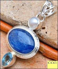 Sterling silver pendant - KYANITE, FRESHWATER PEARL and BLUE TOPAZ
