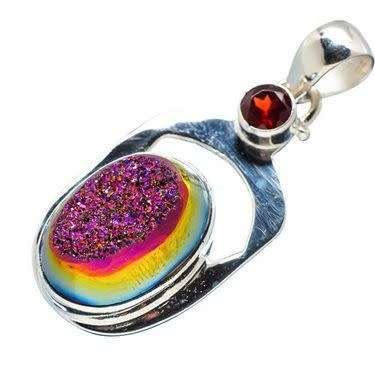 Sterling silver pendant - TITANIUM DRUZY and GARNET