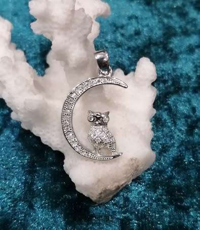 Sterling silver pendant - CUBIC ZIRCONIA owl on moon