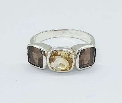 Sterling silver ring - SMOKY QUARTZ and CITRINE - size 7 / O
