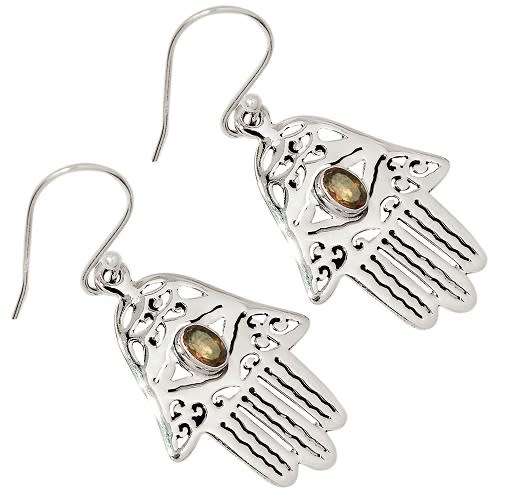 Sterling silver earrings - SMOKY QUARTZ (Hamsa Hand)