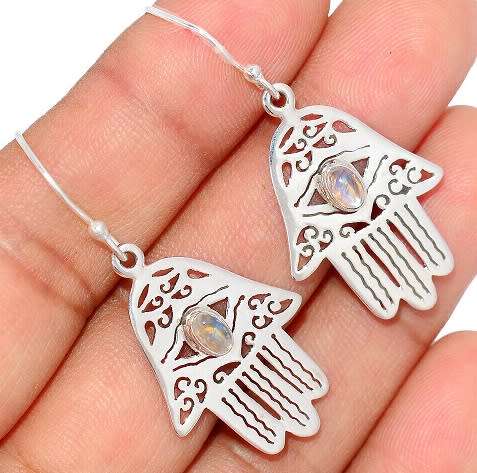 Sterling silver earrings - RAINBOW MOONSTONE (Hamsa Hand)