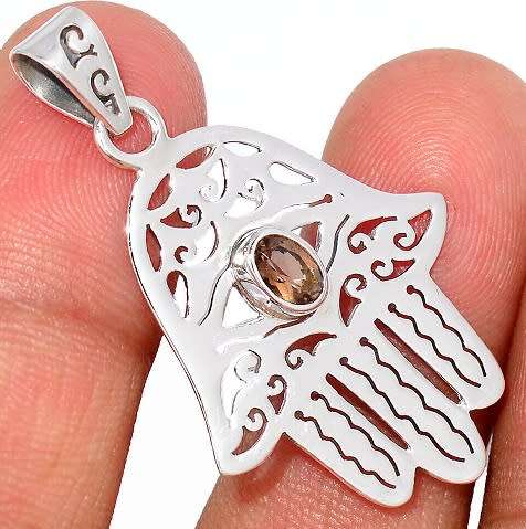Sterling silver pendant - SMOKY QUARTZ (Hamsa Hand)