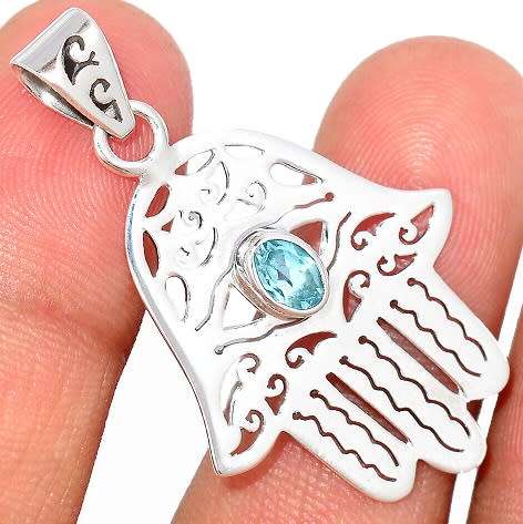 Sterling silver pendant - BLUE TOPAZ (Hamsa Hand)