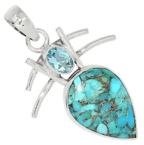 Sterling silver pendant - BLUE COPPER TURQUOISE and BLUE TOPAZ