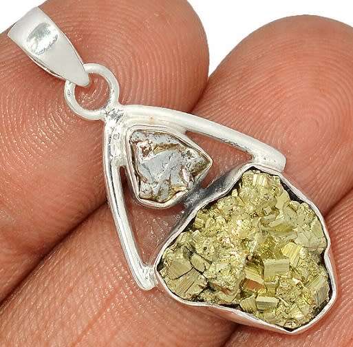 Sterling silver pendant - CAMPO DEL CIELO METEORITE and PYRITE